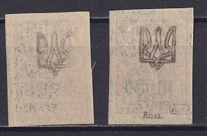 Почта Русской Армии, 1920 год, Надпечатка 10 000 на марках Украины Трезубец 1 коп. абкляч - 2 марки